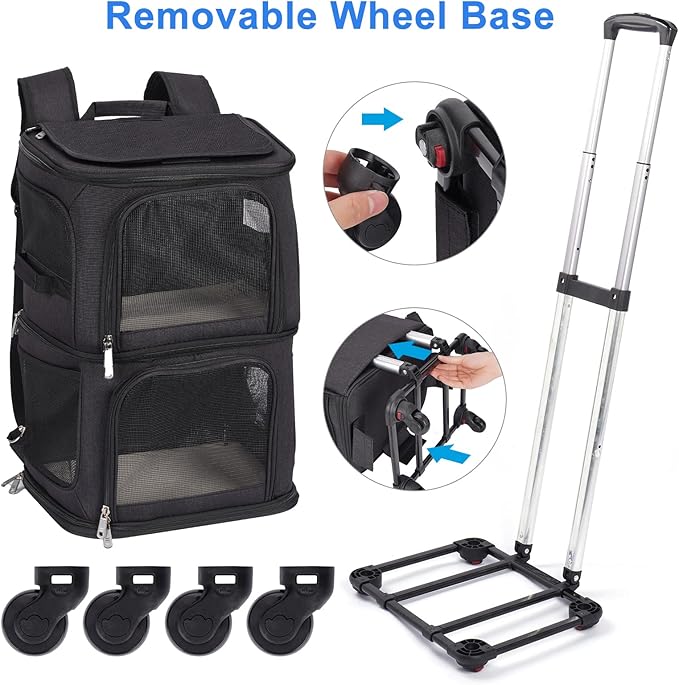 Double Pet Carrier Backpack with Wheels for Small Cats and Dogs, Rolling Cat Travel Carrier, Super Ventilated Design, Ideal for Traveling/Hiking/Camping, Black