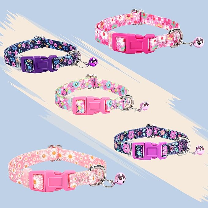 Puppy Collar with Bell，Nylon - Adjustable XXS/XS Tiny Dog & Cat Collar for Small Breeds,Soft Pink Collar with Quick-Release Buckle（Flowers XS）
