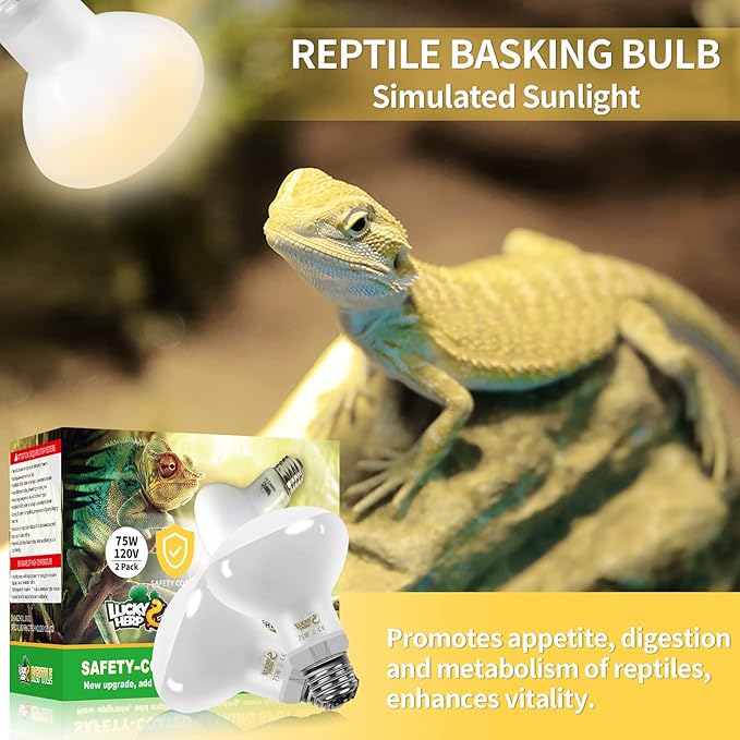 LUCKY HERP New Upgrade 75W Reptile Heat Lamp Bulb (3rd Gen, Safer), Amphibian Basking Spot Light Bulb, UVA Reptile Daylight Bulb for Turtle, Bearded Dragon, Lizard Heating Use (2 Pack)