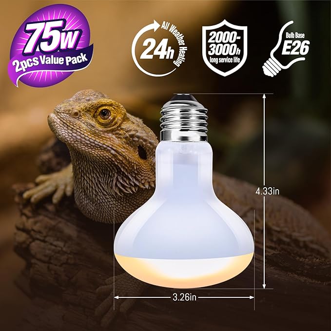 Leoterra 75W Heat Lamp 2PACK Heat Lamp Bulbs for Bearded Dragon, Lizard, Gecko, Frog,Snake,Chicken,Dog E26 Reptile Heat Lamp 75w Ideal for Reptile Terrarium