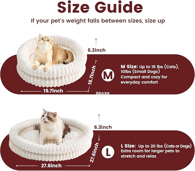 Extra Large Fluffy Cat Beds for Indoor Cats, Washable Round Orthopedic Dog Bed for Small Medium Dogs, Soft Fuzzy Pet Bed with Non-Slip Bottom, Cute Kitten Bed, 27.6x27.6x6.3 in, White