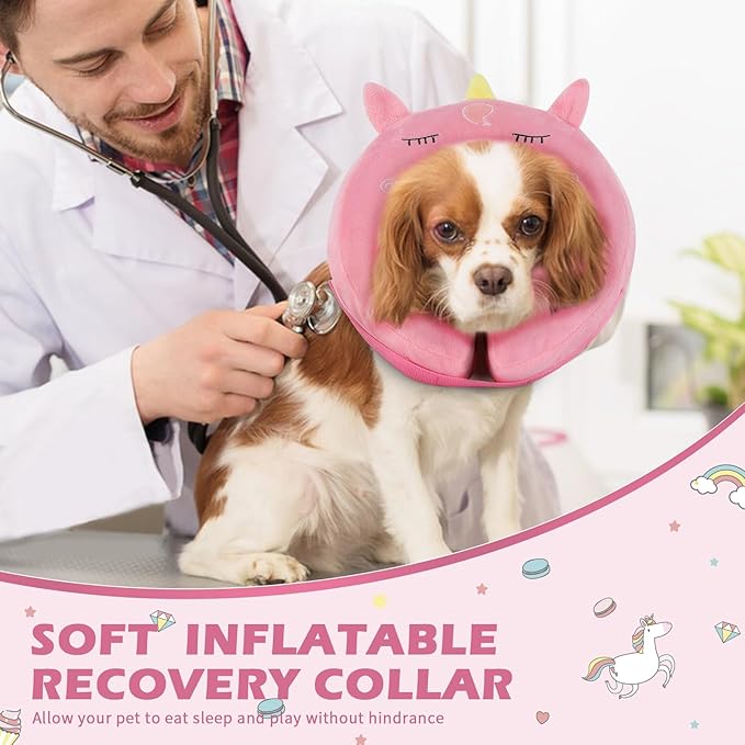 IEUUMLER Inflatable Recovery Dog Collar, Protective Donut Cone, Adjustable Soft Collar for Dog and Cat After Surgery Prevent from Biting & Scratching EU002 - Unicorn M