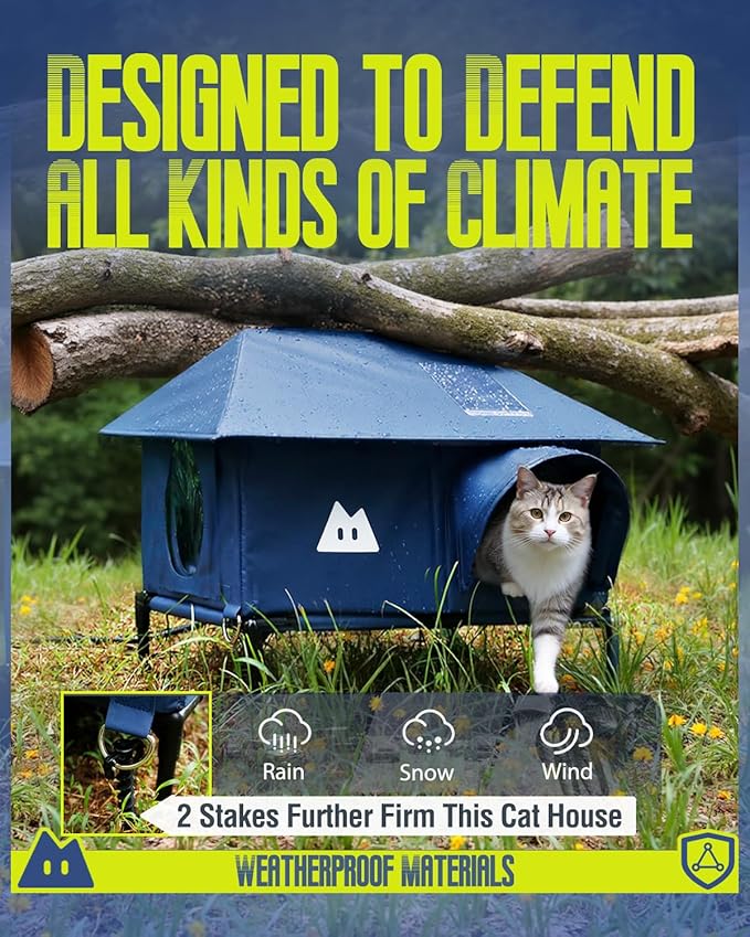 Heated Cat House for Outside Cats Winter, Large Hip Roof 100% Waterproof Outdoor Cat House, Elevated Base, Weatherproof Insulated Shelter for Stray Feral Barn Cat (Dark Blue, 28" Lx16 Wx14 H)