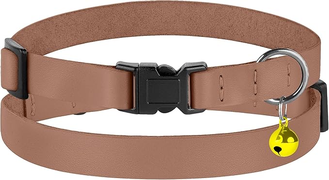 Breakaway Cat Collar with Bell - Leather Adjustable Kitten Collars with Safety Quick Release Buckle - Soft Small Pet Collars for Girl & Boy Cats (Mocha)
