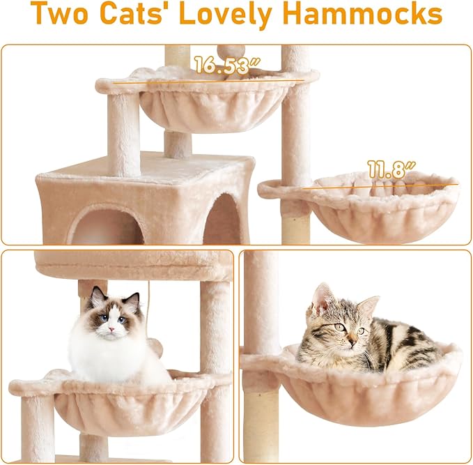 KIYUMI Cat Tree Cat Tower Condo with Sisal Scratching Post for Indoor Cats Cat Tree Cat Furniture with Hammock Perch and Kitten Ball Toys, Multi-Level Pet Activity Center Beige