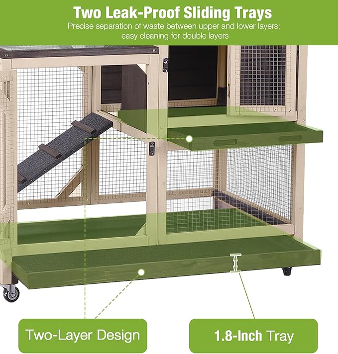 GUTINNEEN Rabbit Hutch Indoor and Outdoor, Rabbit Cage on Wheels with 2 Deep Pull Out Trays, Wooden Bunny Cage with Non-silp Ramp and Sliding Door, Mesh-Coffee Color