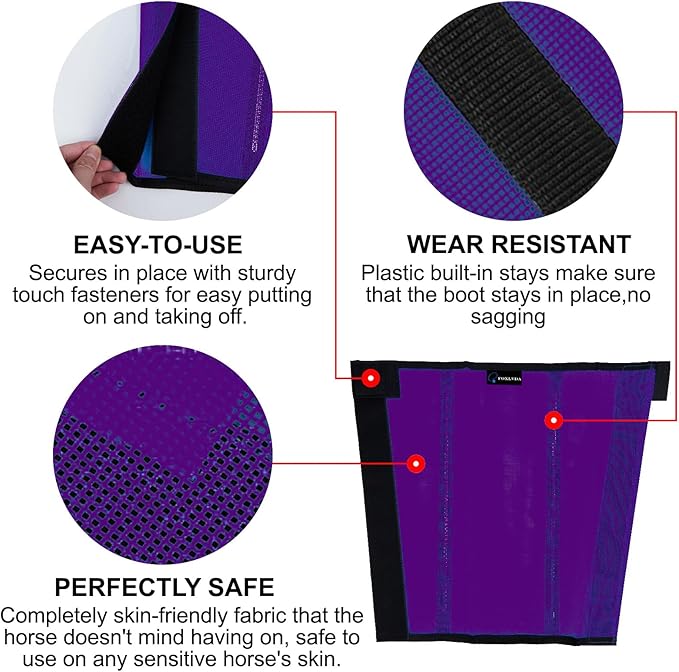 FOXLVDA Horse Fly Boots - Fly Boots for Horses Set of 4, Comfortable Horse Leggings, Mesh Material Design with Metal Support Bars for Reduces Stomping & Leg Fatigue (Purple, Large)