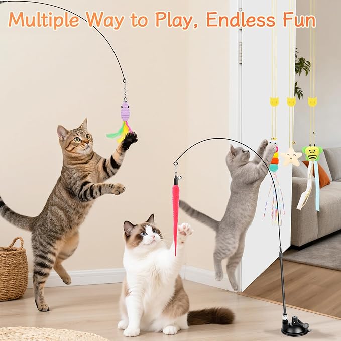 Interactive Cat Toys, 15PCS Cat Wand and Feather Toys for Indoor Cats, Reusable Suction Cup Toys for Kittens Play Exercise (Suction Model)