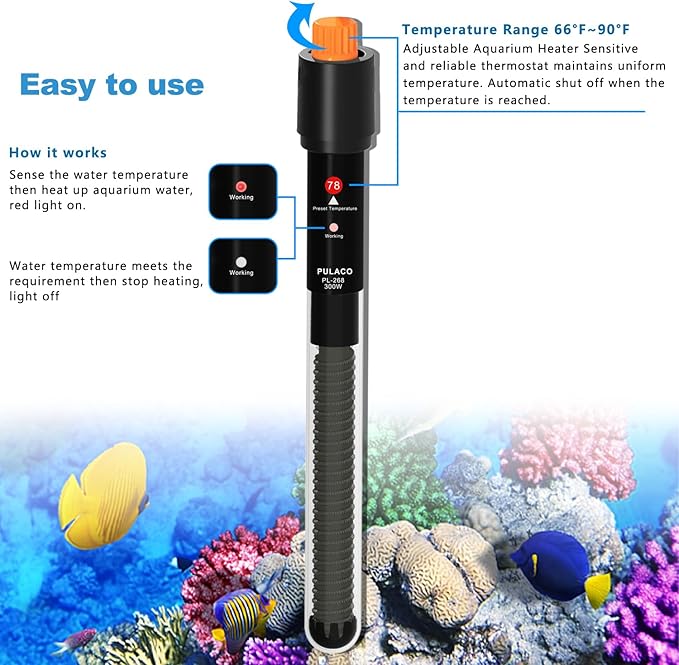 PULACO 300Watt Aquarium Heater for 50-70 Gallon Fish Tank, Adjustable Submersible Heater Thermostat with Thermometer Strip and Suction Cup