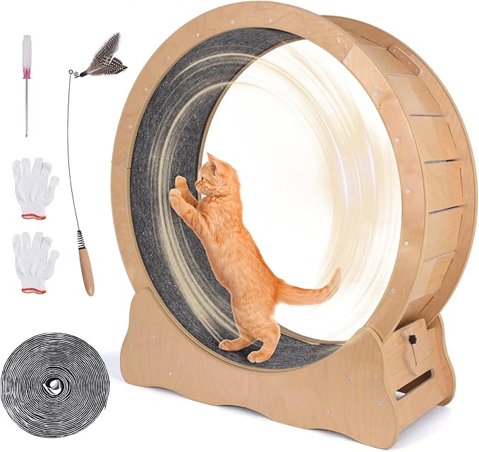 35.4'' Cat Exercise Wheel - Wooden Treadmill for Indoor Cats with Low Noise, Safety Lock, Detachable Carpet & Eco-Friendly Design for Fitness, Weight Loss and Entertainment
