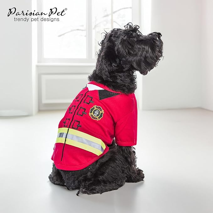 Parisian Pet Embroidered Dog Firefighter Costume - 100% Cotton and Polyester - Sleeved Pet Shirt - Red - XL