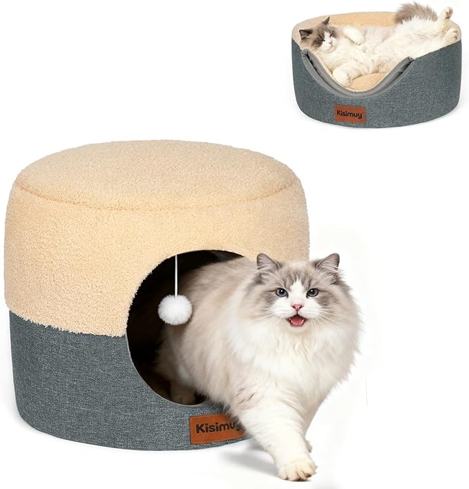 Cat Cave Bed for Indoor Cats, 2-in-1 Calming Anti-Anxiety House & Lounger, Durable Cozy Round Pet Bed with Cushioned Pillow & Anti-Slip Bottom for Small Dogs, 19.7 inches