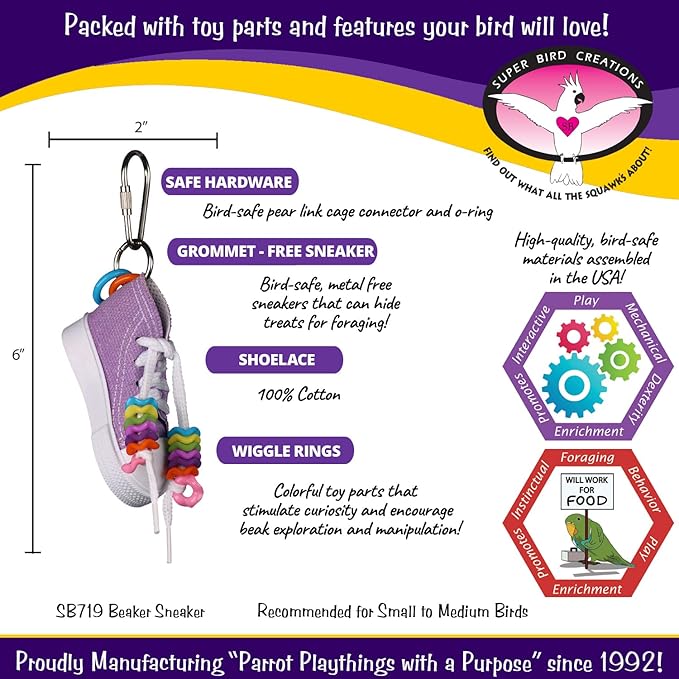 Super Bird Creations SB719 Beaker Sneaker Bird Toy for Parrotlets, Parakeets, Cockatiels, Lovebirds, ringnecks, Medium Conures - Mini Colorful Canvas Sneaker - Small/Medium Bird Size, 6" x 2"