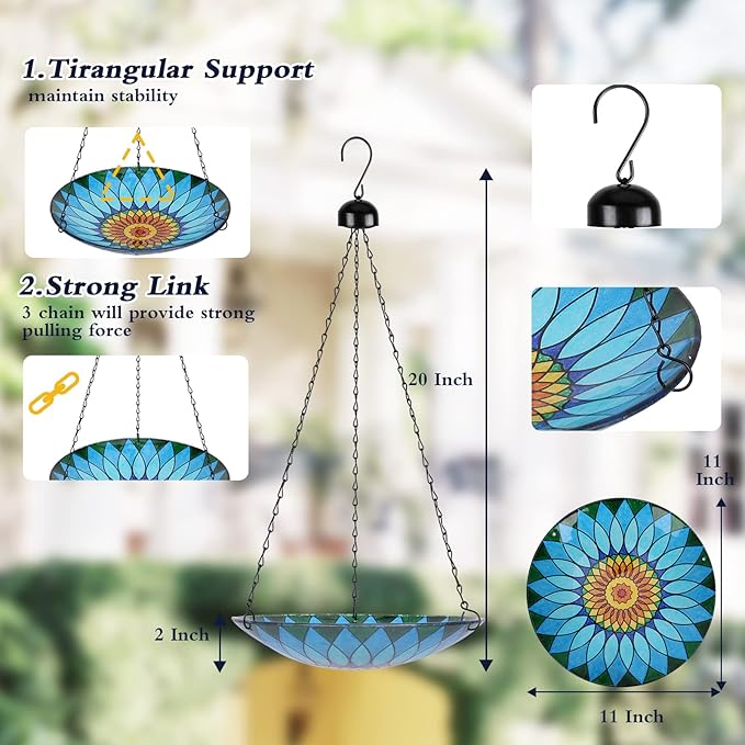 MUMTOP Hanging Bird Bath - Bird Baths for Outdoors, 12 Inch Glass BirdBath Bowl Outdoor BirdFeeders for Garden Yard and Patio Decor