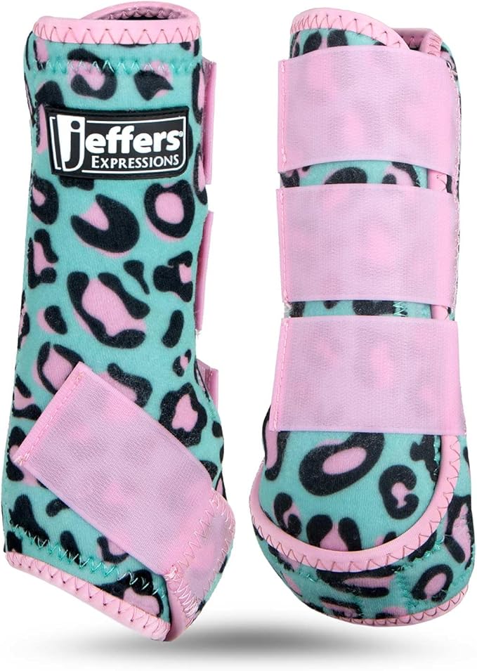 Jeffers Expression Protective Horse Boots 1 Pair, Party Cheetah- Safe Neoprene Leg Guards, Comfortable Fit, Durable Strap Closures, Front & Hind Support, Accessories for Travel & Riding - Large