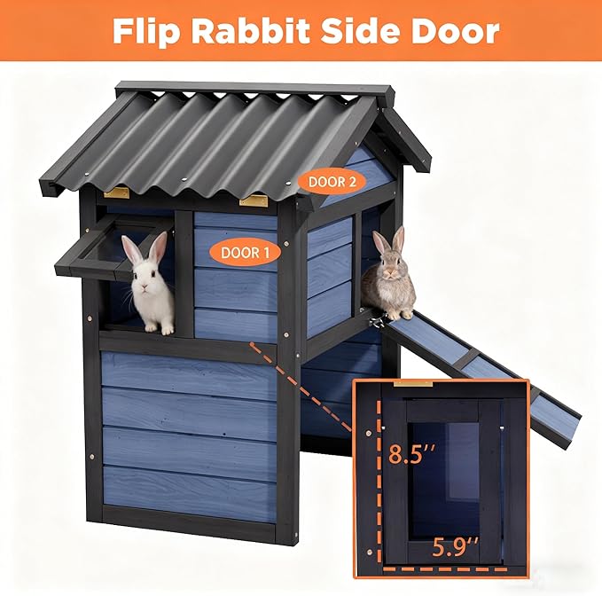 Outdoor Rabbit Hutch, Weatherproof Rabbit Cage Indoor 100% Insulated Foam Bunny Cage Small Pet House with Openable Roof,Flip Acrylic Side Door for Winter Outside (Blue)