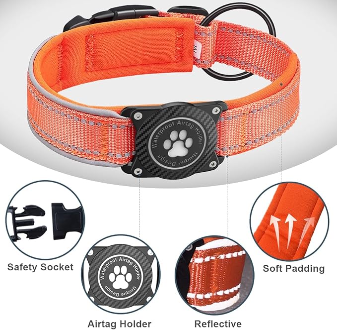 Airtag Dog Collar with Waterproof Air Tag Holder, Luminous Reflective, Soft Padded, Adjustable Nylon Pet Collar for Small Medium Large Heavy Duty Dogs,Orange, L