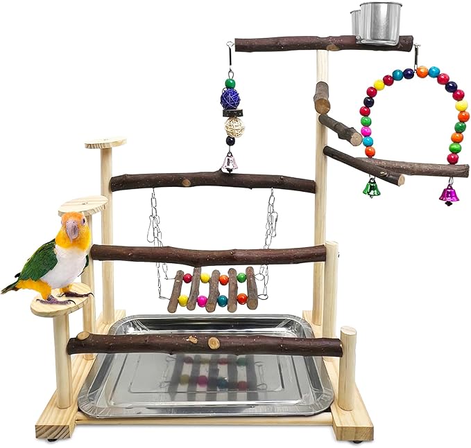 Kathson Wood Bird Playground Parrot Play Stand with Feeder Cups Parakeet Perch Stand with Ladder Hanging Swing Chewing Toys Conure Cage Accessories for Parakeet Conure Lovebird Cockatiel (Fruit Wood)