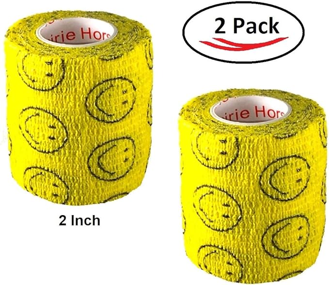 Vet Wrap Wrap Tape (Yellow with Smiles) (2 Pack) (3 Inch x 15 feet) Self Adhesive Adherent Adhering Cohesive Flex Self Stick Bandage Grip Roll Dog Cat Pet Horse