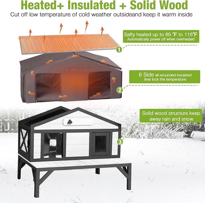 GUTINNEEN Heated Cat House for Outside Outdoor Cat House Insulated with Heated Pad, Insulated Liner, Large Wooden Shelter with Large Porch and Two Escape Doors for Multiple Cats, Black & White