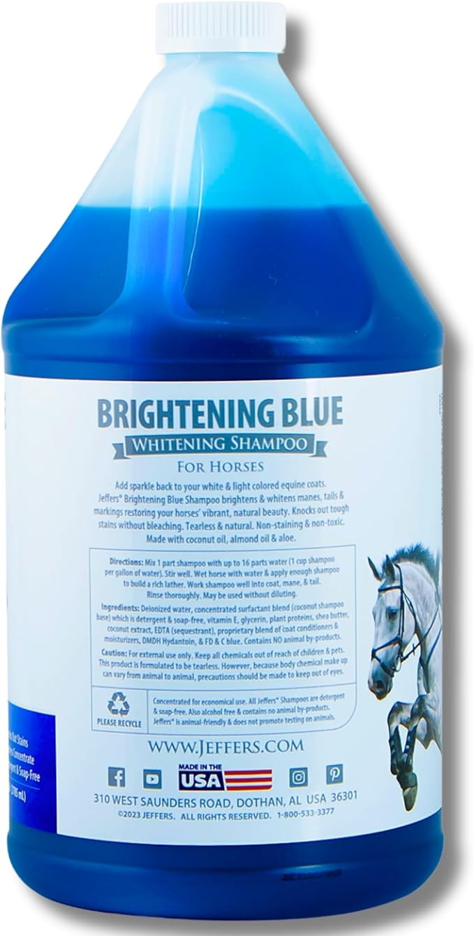 Jeffers Equine Brightening Blue Shampoo for Horses, 1 Gallon – Enhanced Whitening & Stain Remover, Coconut Oil, Aloe, Gentle Grooming, Detergent - Free, Enhances Coat Shine, Mane & Tail Care