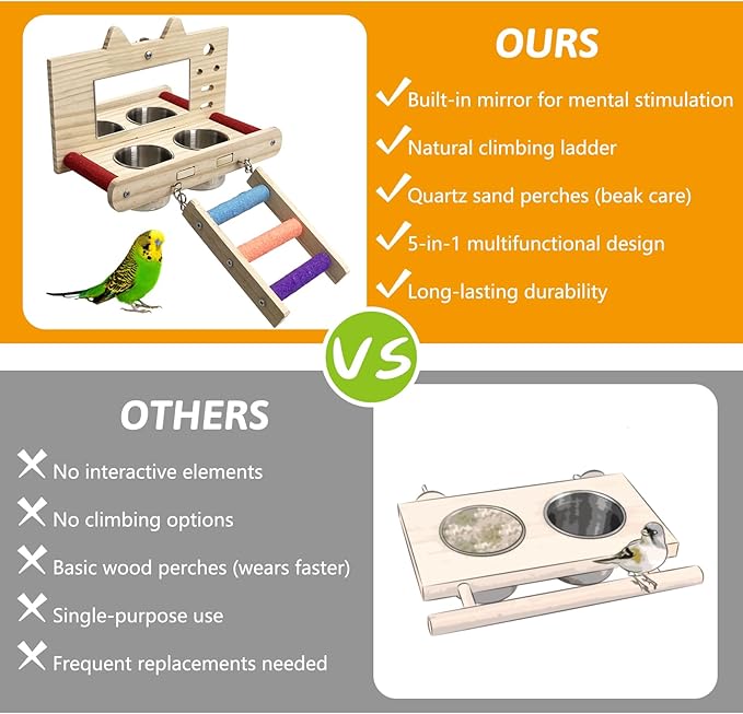 Tfwadmx Bird Food Stainless Steel Cups Wooden Perch Stand with Ladder Hanging Feeder Bowls Feeding and Watering Supplies for Parakeets Conures Cockatiels Budgie Parrot
