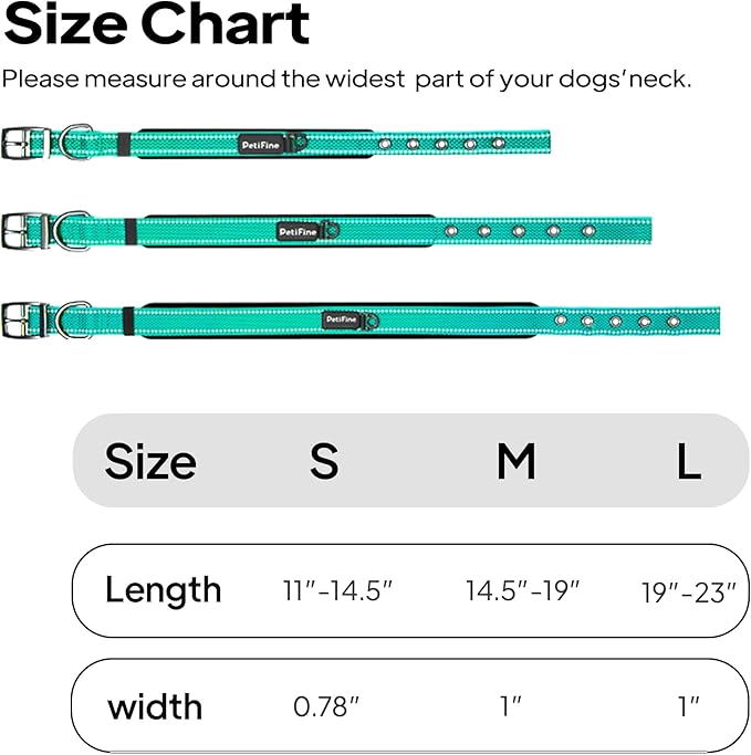 PetiFine Dog Collars for Medium Dogs, Neoprene Padded and Adjustable, Reflective Wide Heavy Duty Pet Collars with Durable Metal Belt Buckle for Walking, Teal, M