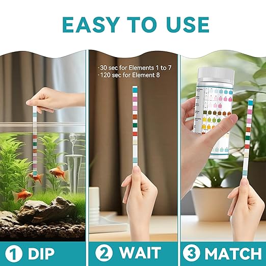 Aquarium Test Strips,8 Way Aquarium Ammonia Test Strips for Saltwater Freshwater Aquariums,Pond Fish Tanks,150 Aquarium Test Kit-Test pH, Alkalinity,Nitrate,Ammonia and More