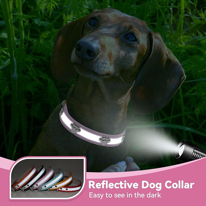 PETCARE Reflective Dog Collar with Cute Paw Rivet Studded Funny Soft PU Leather Adjustable Puppy Dog Collars for Small Medium Large Dogs Cats (Pink,Medium)