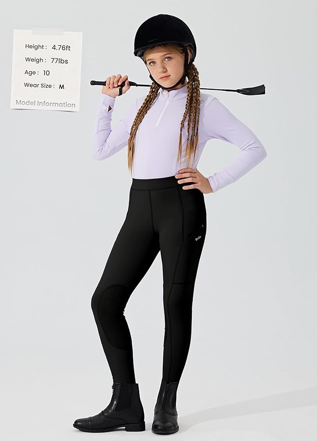 Willit Girls Horse Riding Pants Tights Kids Equestrian Breeches Knee-Patch Youth Schooling Tights Zipper Pockets