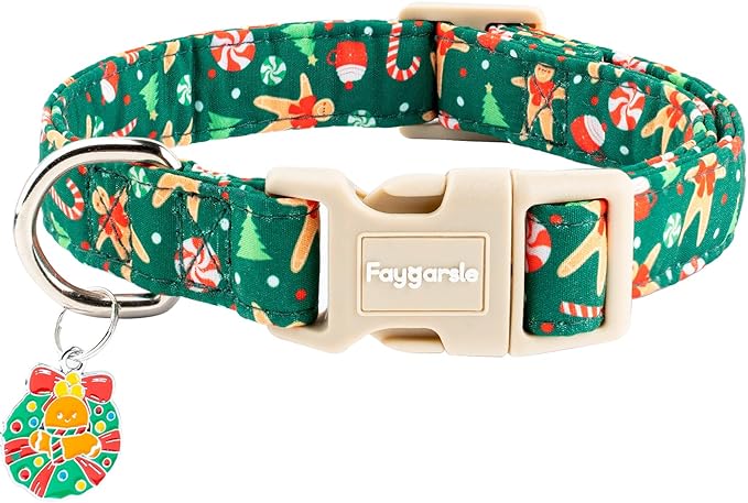 Faygarsle Christmas Dog Collar, Green Gingerbread Pattern, Plastic Buckle with Metal D-Ring, Holiday Pet Accessory, for Small Medium Large Dogs XS