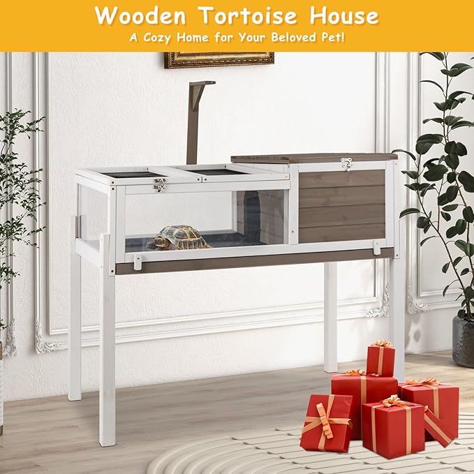 PetsCosset Tortoise Habitat Wooden Tortoise House, Indoor Turtle Enclosure Outdoor Reptile Cage with Removable Bottom, Light Support, Openable Roof (Tall Tortoise Habitat, Leakproof Tray)