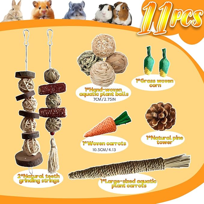 Rabbit Toys Bunny chew/Guinea Pig Toys Natural Timothy Hay Sticks Apple Wood Sticks Handmade for Guinea Pig Hamster Rat Chinchilla (TOY-1-11)