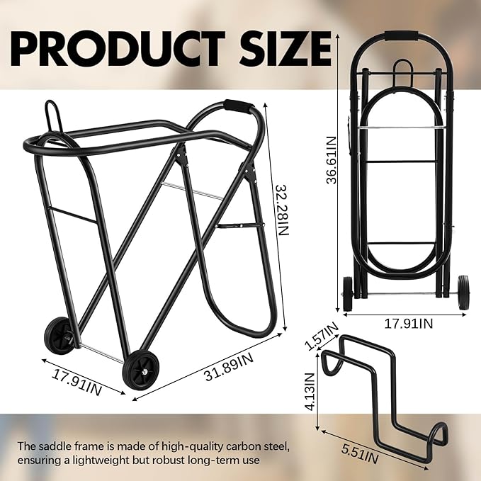 Horse Saddle Tack Cart with Wheels, Rolling Iron Heavy Duty Saddle Wheeler with Hooks Foldable Horse Equipments Stable Storage Tool for Moving Transport Essential Organizer Supplies