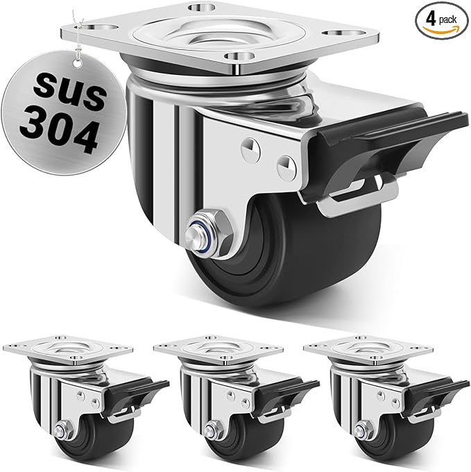 Nefish 2.5 Inch Heavy Duty Stainless Steel Low Gravity Casters, SUS 304 Industrial Grade Stainless Steel Caster Wheels with Brakes, Durable Castors Set of 4 with Nylon Wheels for Industrial, Equipment