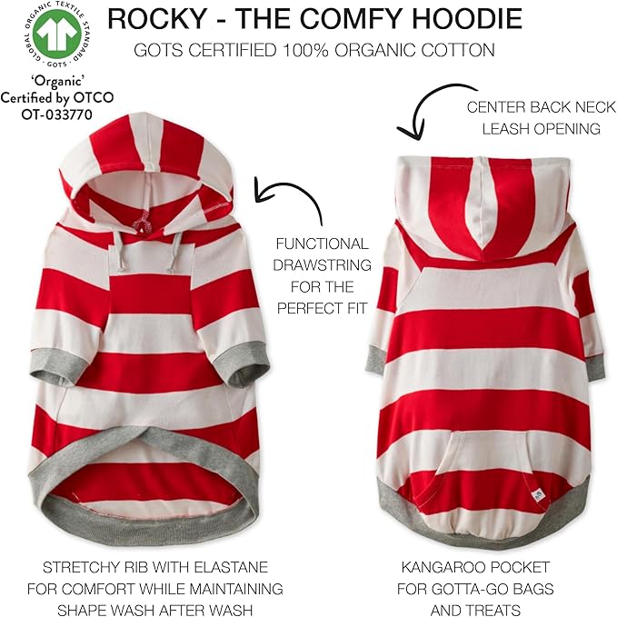 Rocky – The Orginal Lightweight Hooded TEE 100% Organic Cotton Dog Hoodie Pet Coat Sweater for Small, Medium, Large Dogs, Red Bold Stripe, Large