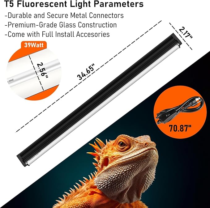 T5 10.0 UVB Reptile Light Fixture, 39W UVA UVB HO Light Bulb for Reptiles,Bearded Dragon, Leopard Gecko,Tortoise, 34" Inch Reptile T5 Tube