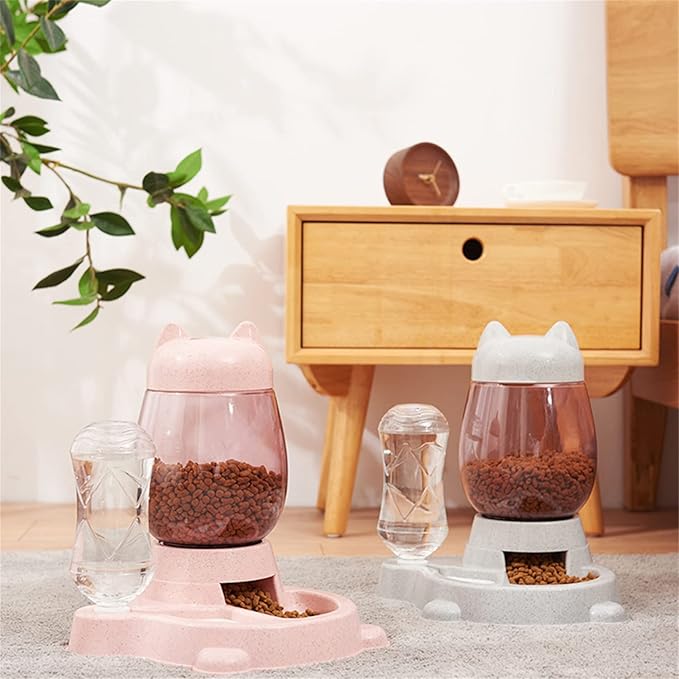 Automatic Cat & Dog Feeder Set, Self-Dispensing Food & Water Dispenser, Large Capacity (Pink)