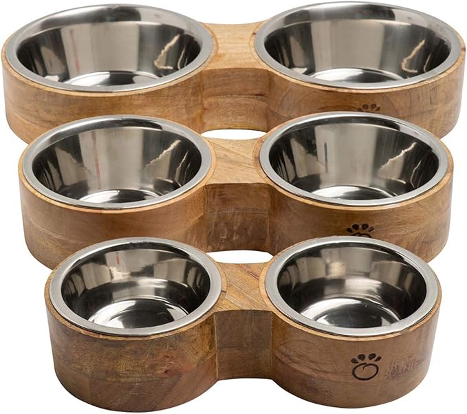 Luxury Elevated Dog Bowl Set - Mango Wood Stand with 2 Stainless Steel Food & Water Bowls - Raised Pet Feeder with Non-Slip Base, Modern Design for All Dog Sizes, Large 48oz