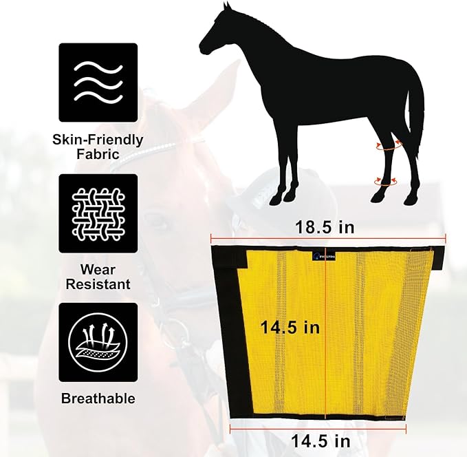 FOXLVDA Horse Fly Boots - Fly Boots for Horses Set of 4, Comfortable Horse Leggings, Mesh Material Design with Metal Support Bars for Reduces Stomping & Leg Fatigue (Yellow, Large)