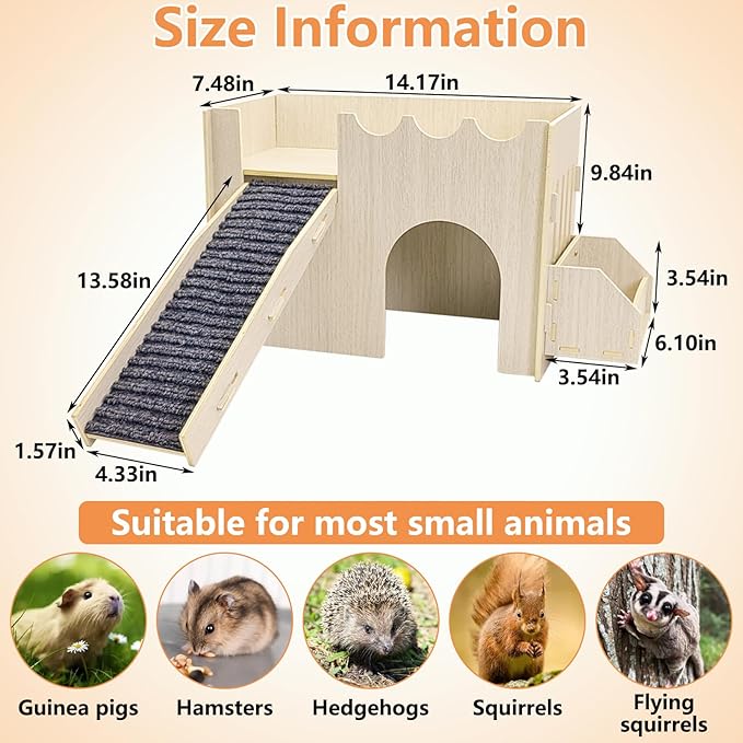 kathson Wooden Guinea Pig Hideout Sturdy Two-Layer Guinea Pig House Easy to Assemble Small Animal Hideout with Mat Ramp and Food Bowl for Hamsters Bunnies Hedgehogs Mice Playing Hiding