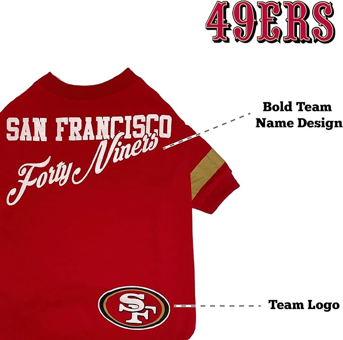 NFL San Francisco 49ers Dog & Cat T-Shirt - Small, Football Team Fan PET TEE Shirt - New Stripe Design, Durable & Cute