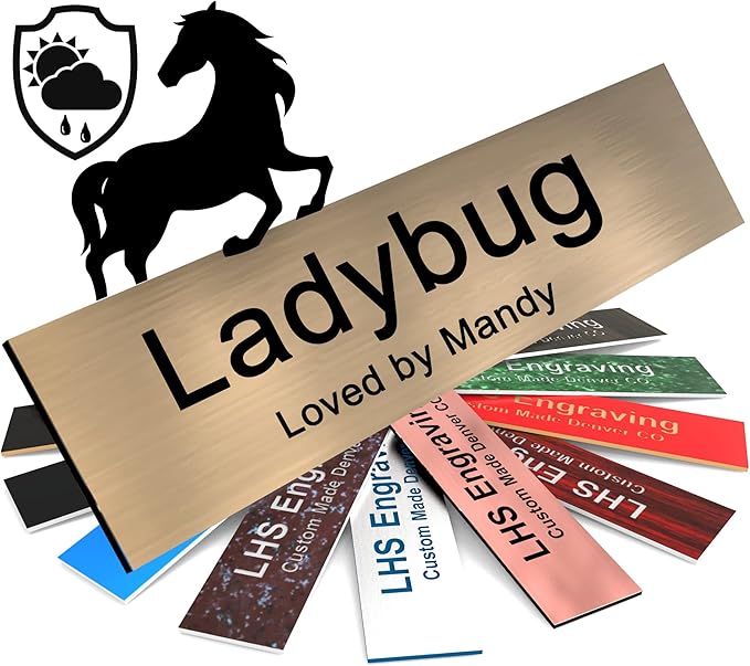 Personalized Horse Stall Name Plates, 2x6 Horse Stall Signs with Adhesive, All Weather UV Protected, Brushed Copper Pattern Plastic Black Letters - Made in USA - M5
