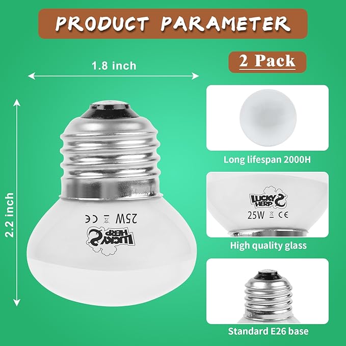 LUCKY HERP Heat Lamp Bulbs, 25W Reptile Heat Lamp 2 Pack Reptile Heat Lamp Bulbs, Daylight Basking Spot Heat Light Bulb, Amphibians Lamp Bulbs fo Chameleons, Snakes, Lizard, Turtle