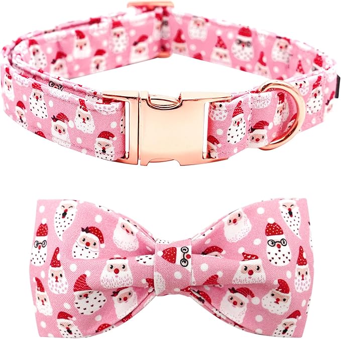 Dog Collar, Christmas Pink Santa Claus Cotton Pet Collar Bow Holiday Girl Boy Cute Puppy Collar Adjustable Pet Collar for Small Dogs