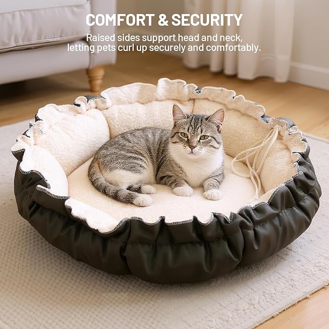 All-Season 2-Sided Pet Bed, 20.8 Inch Adjustable Drawstring Cat Bed and Small Dog Bed, Reversible with Cozy Warm Plush Sherpa Side & Cool Anti-Slip Water-Resistant Bottom for Cats and Small Dogs