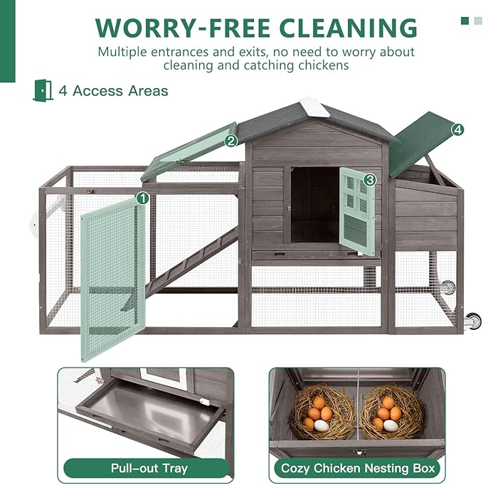 79" L Chicken Coop and Run, Large Chicken Hen House Indoor Outdoor with Wheels, Nesting Boxes, Removable Tray, Two Story Wooden Poultry Cage for Chickens Quails Small Animals(Grey)
