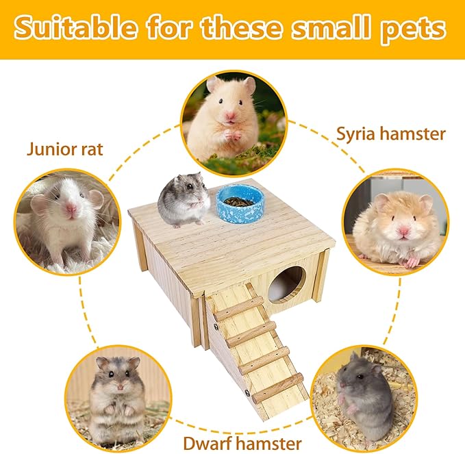 Hamster Wooden House with Ladder Small Animal Hideout Activity Platform Exercise Climbing Hut Natural Living Wood Room for Hamster Gerbil Mice Rat