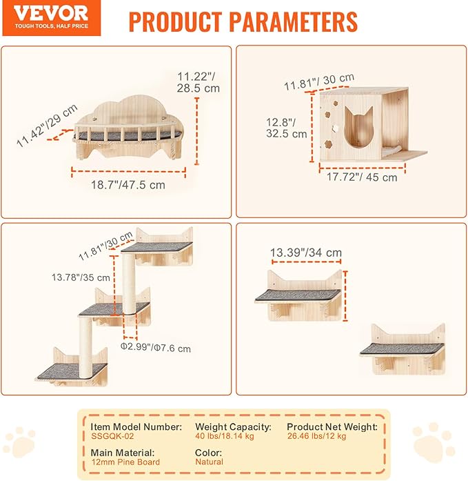 VEVOR Wall Mounted Cat Shelves and Perches with Jumping Boards, Nest, Barrier Board & Tree, Floating Furniture up to 40 lbs for Sleeping, Playing, Climbing, Set of 5