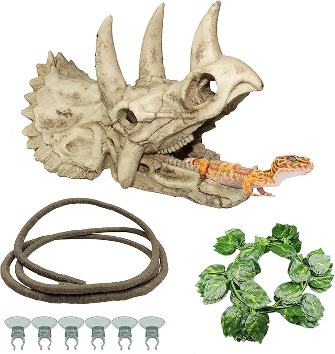 Tfwadmx Bearded Dragon Tank Accessories Resin Dinosaur Triceratops Skull Skeleton Reptiles Hideouts Cave Vines Leaves Aquarium Decorations for Lizards,Chameleon,Snake,Spider,Gecko